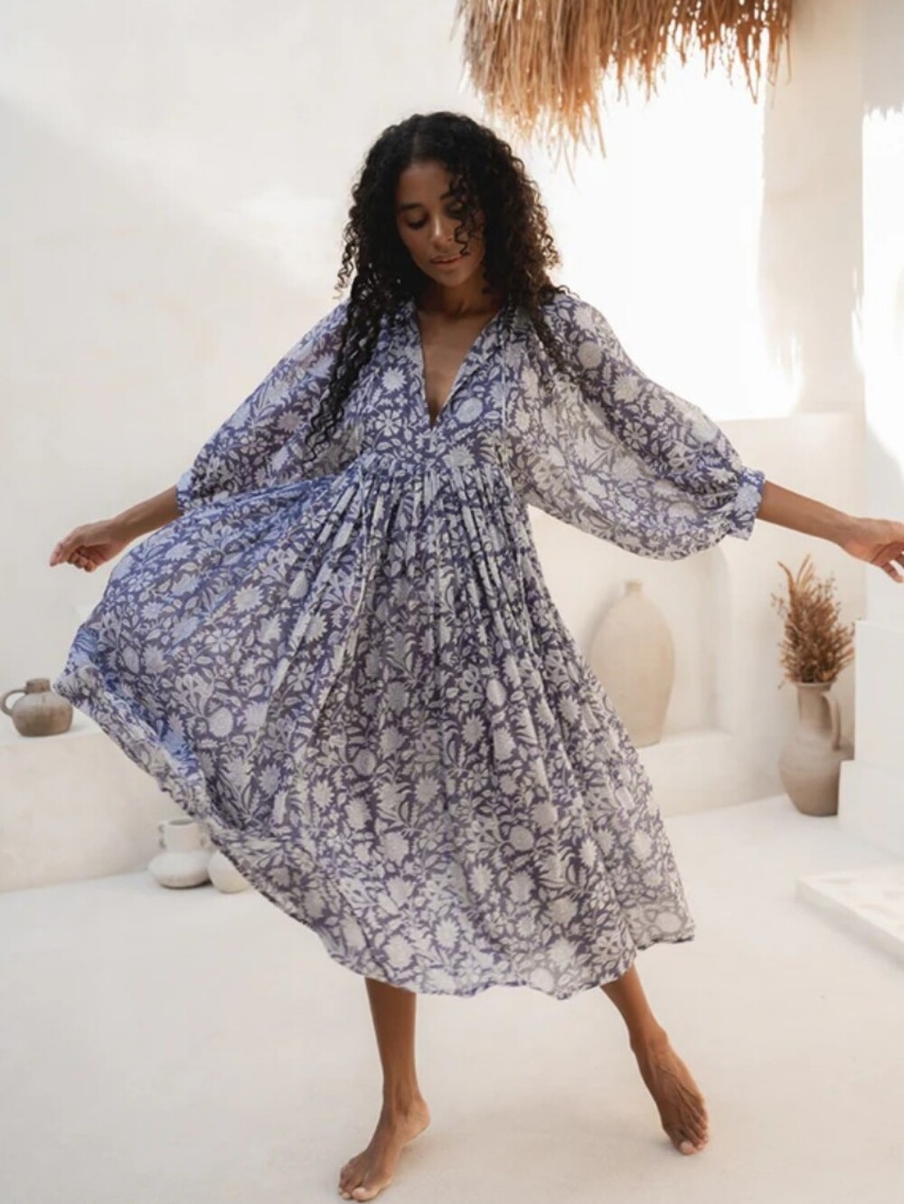 Daughters Of India Kyra Purple and White Floral Midi Dress